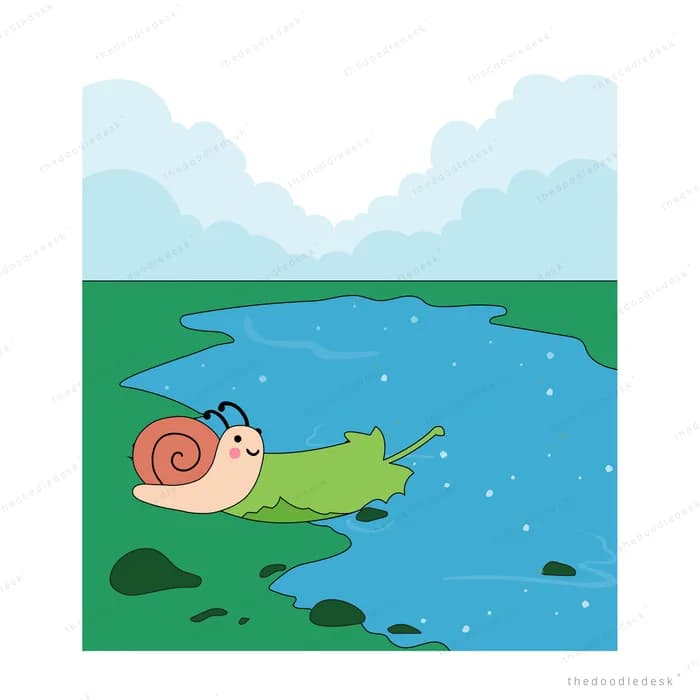 Snail climbing onto a green leaf beside a stream in a meadow