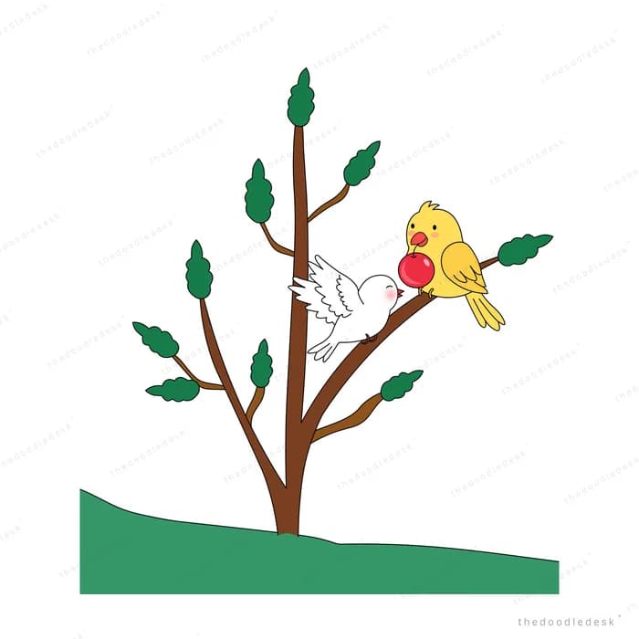 Yellow bird on a young tree greeting a small white bird in flight