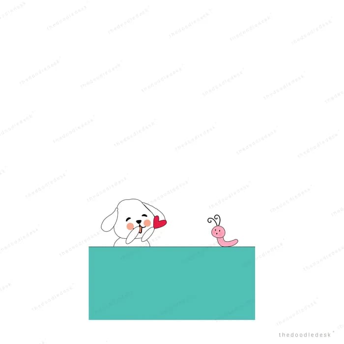 White dog and a pink bird on a teal block with a heart between them