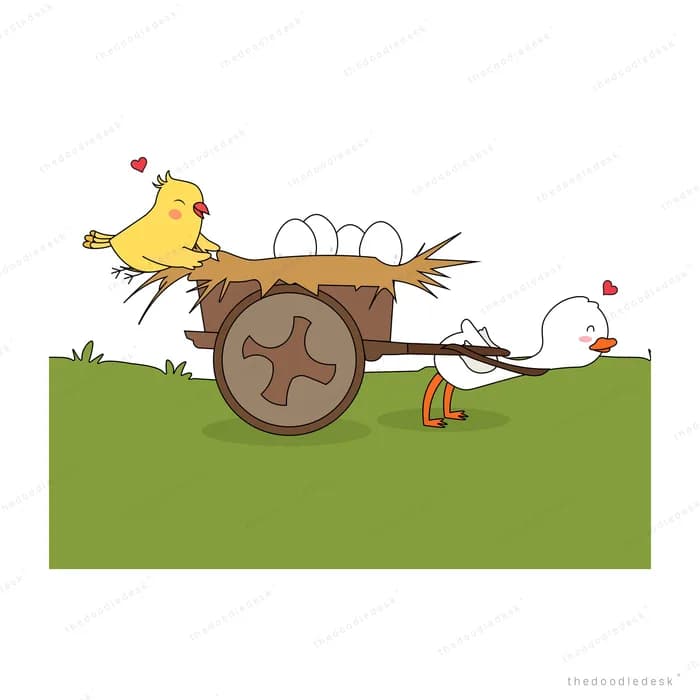 Duck pulling an egg cart with a chick down a grassy slope