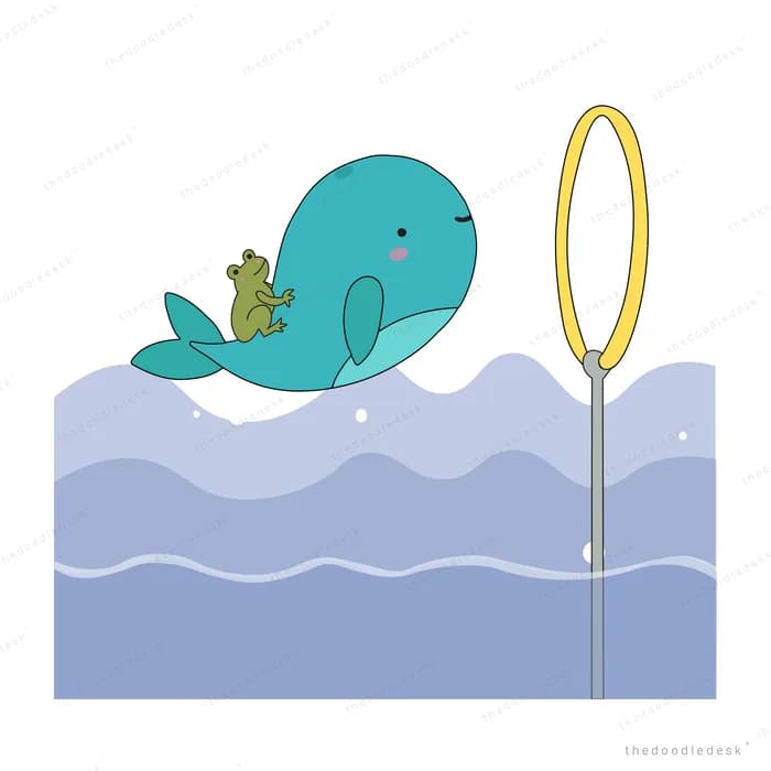 Whale leaping from the waves with a green frog perched on its back