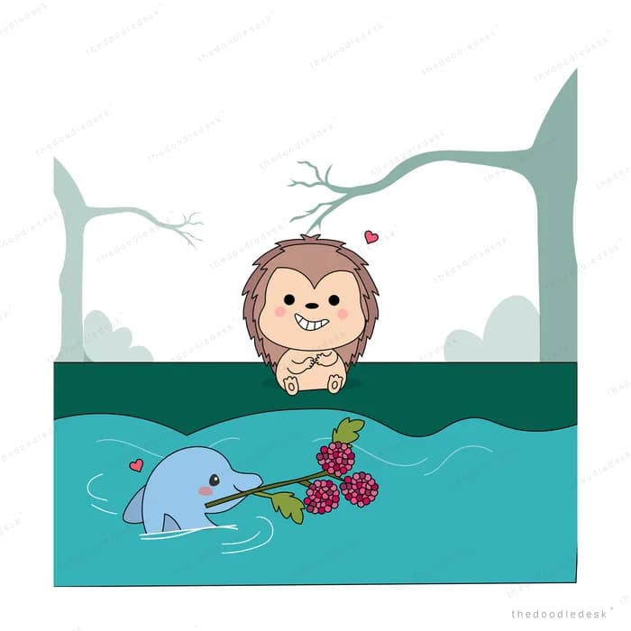 Monkey watching a dolphin carry a sprig of berries underwater