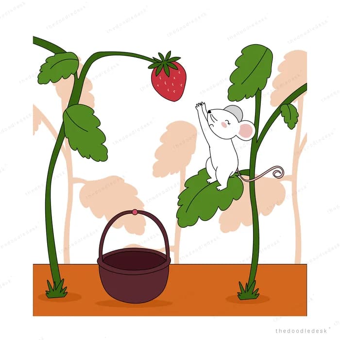 White mouse on a leaf under a strawberry plant with a basket on the soil