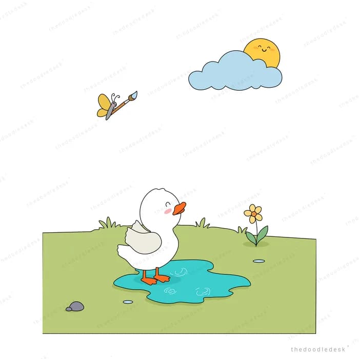 Duck beside a fish swimming in a puddle on green grass with a bird in the sky