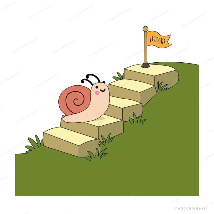 Snail climbing stone steps toward a small flag at the top of a hill