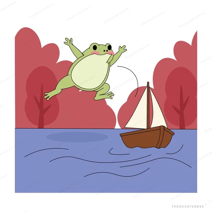 Green frog leaping over red autumn hills above a small sailboat on the water