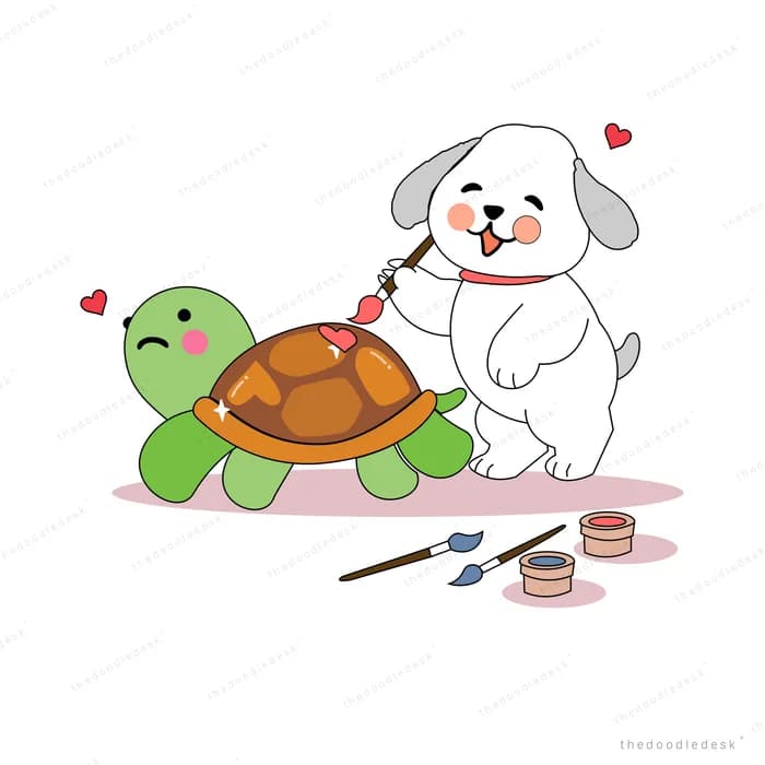 White dog playing with a green turtle toy trailing hearts