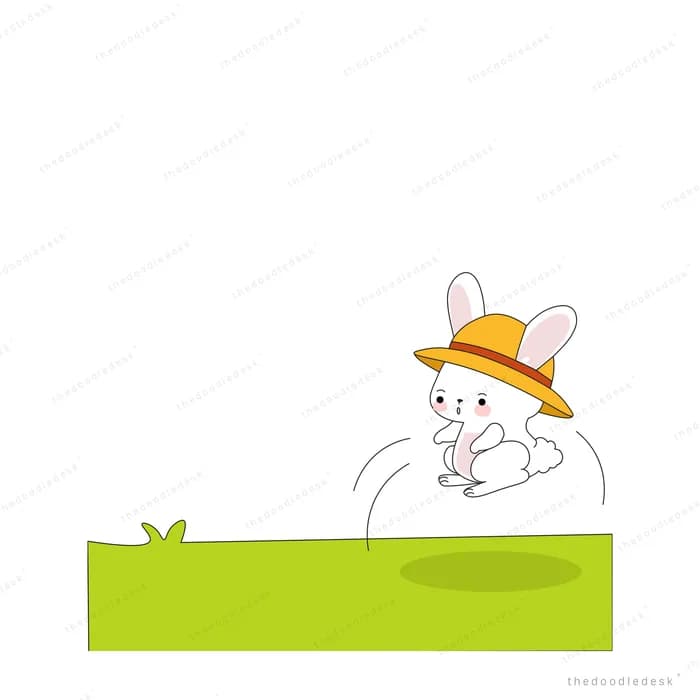 Rabbit in a yellow hat hopping on a green grass ledge by a sprout