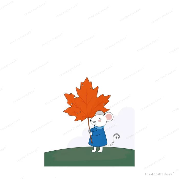 Rabbit clinging to a torn red leaf blown by strong wind
