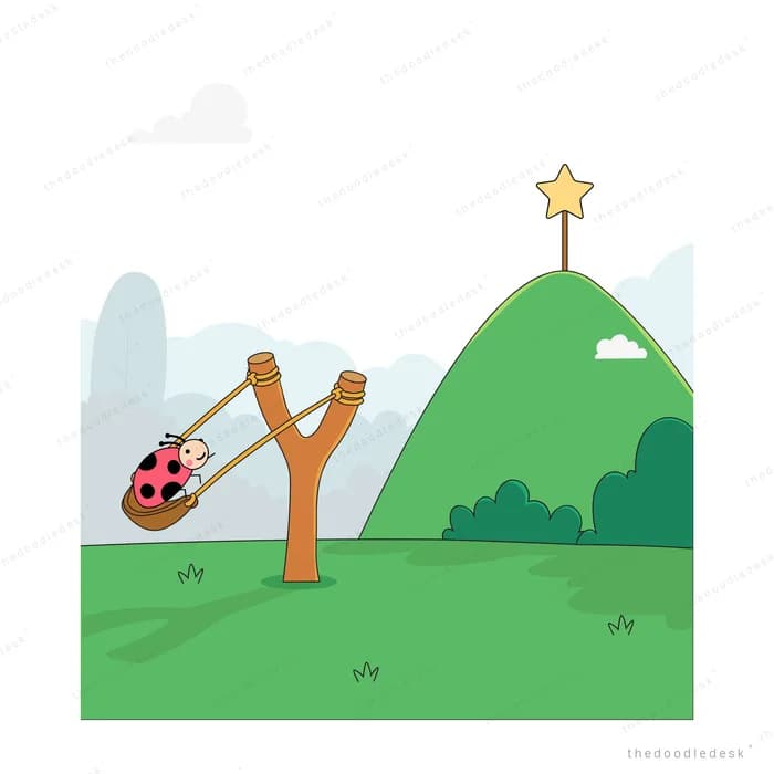 Ladybug loaded into a wooden slingshot beside a green hill