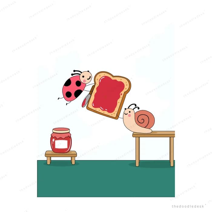 Two ladybugs carrying a giant jam-covered slice of toast between a jam jar and a wooden table