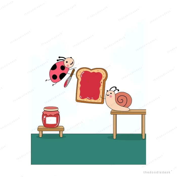 Ladybug holding a knife over a giant jam toast while a second ladybug tumbles onto the table