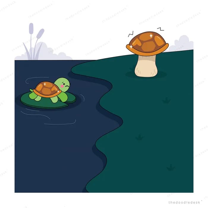 Empty turtle shell resting on a mushroom above a pond where a turtle sits on a lily pad