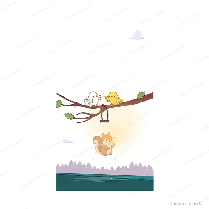 Warm light falling on a branch where a bird and chick sit above a squirrel