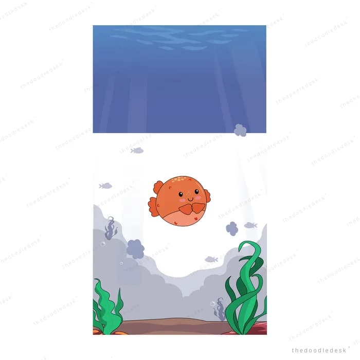 Orange pufferfish hovering over rocks and green seaweed on the sea floor