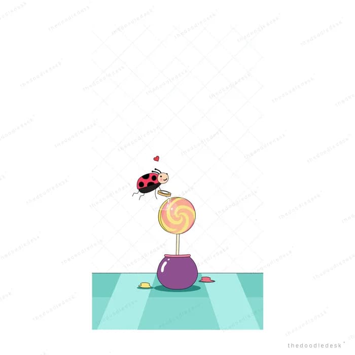 Ladybug perched on top of a swirled lollipop standing on a teal platform