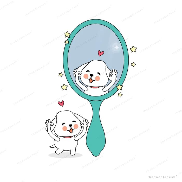 White puppy dancing in front of a teal hand mirror while its reflection waves back