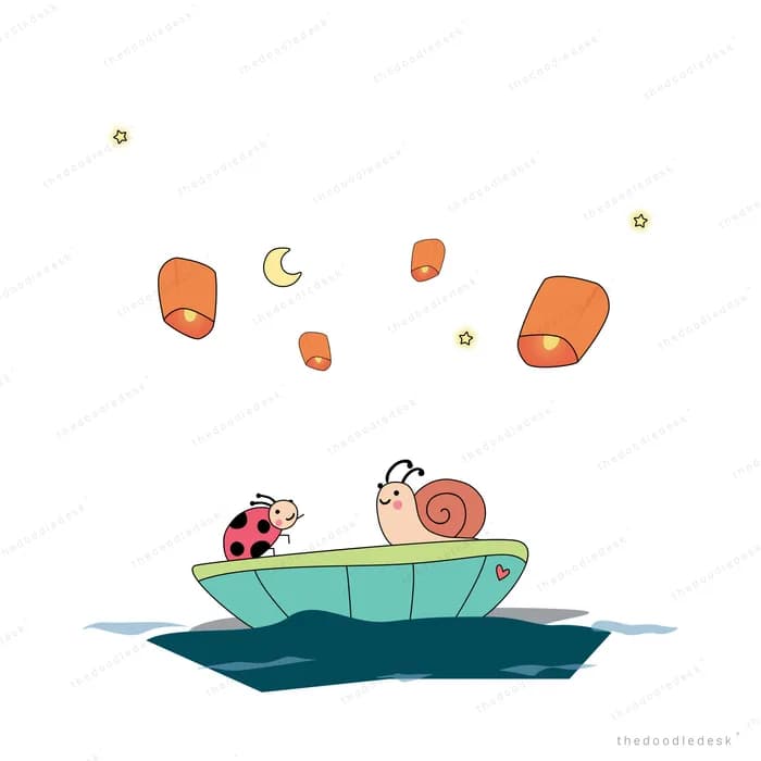 Ladybug and snail floating in a teal boat while sky lanterns rise under a crescent moon