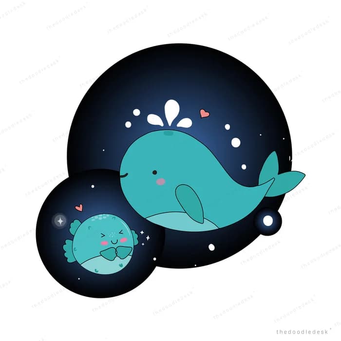 Two teal whales spouting water in a dark ocean full of bubbles