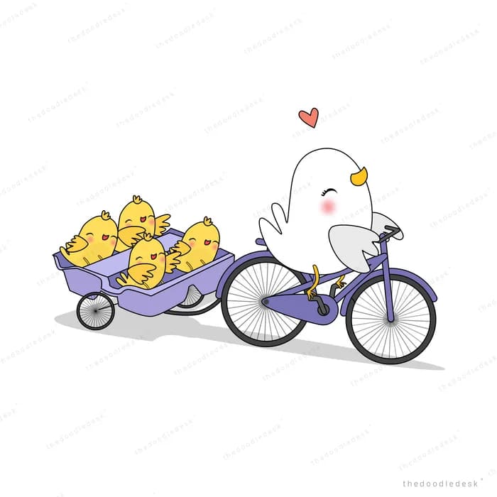 White duck riding a purple bicycle towing a cart crowded with yellow chicks