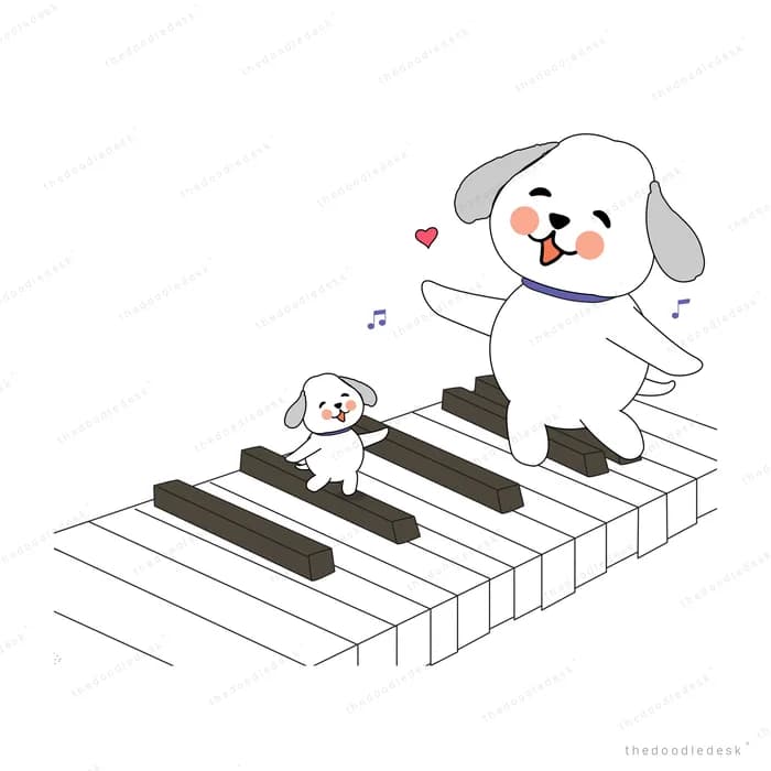 White dog and a tiny puppy bounding across giant piano keys