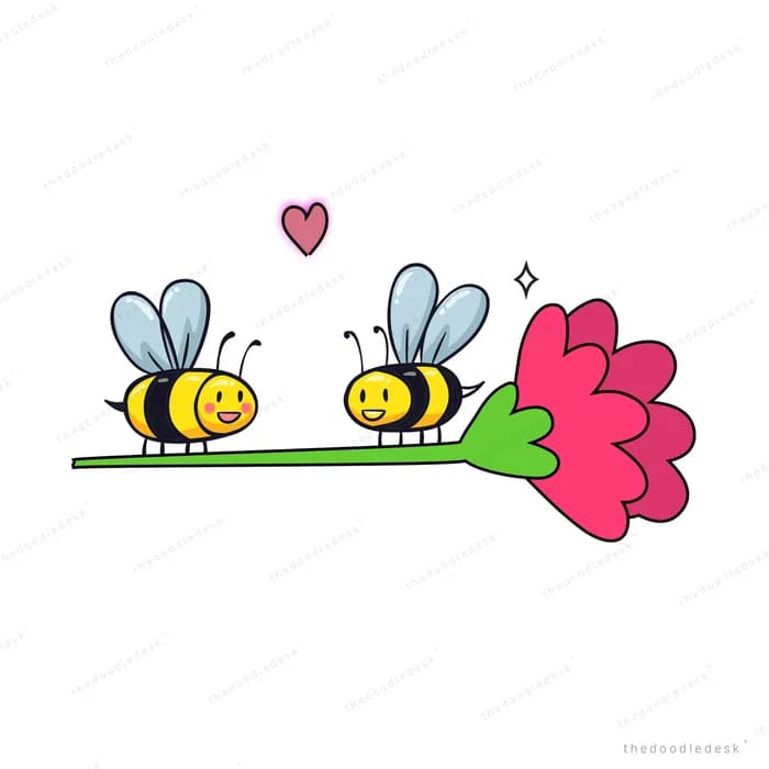 Two bees flying toward a red flower on grass with hearts