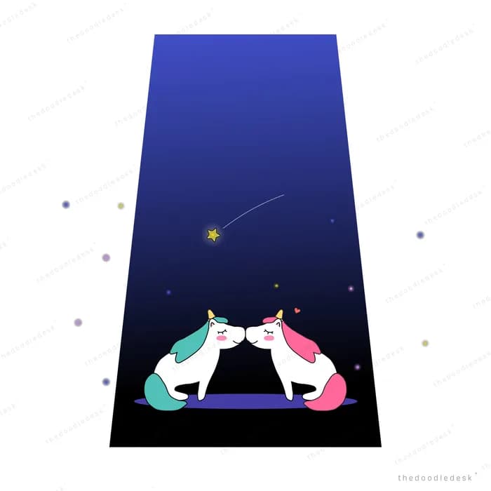Two unicorns facing each other on a dark starlit path