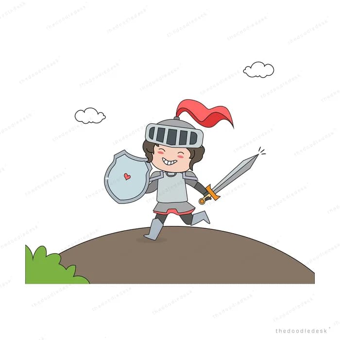 Child knight with sword and shield standing on a hill