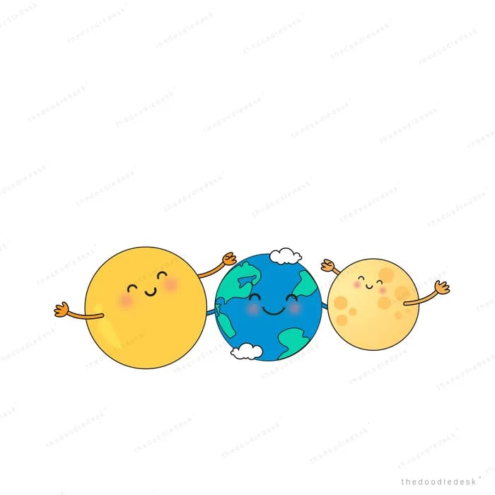 Sun, earth and moon characters holding hands in a row