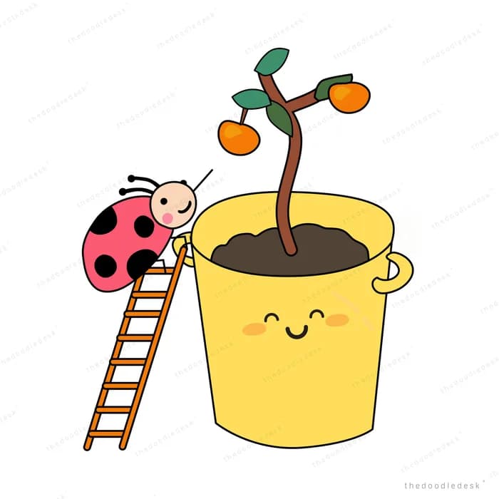 Smiling pot with a fruiting sapling and a small ladder