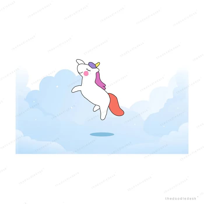 Unicorn leaping through pale blue clouds