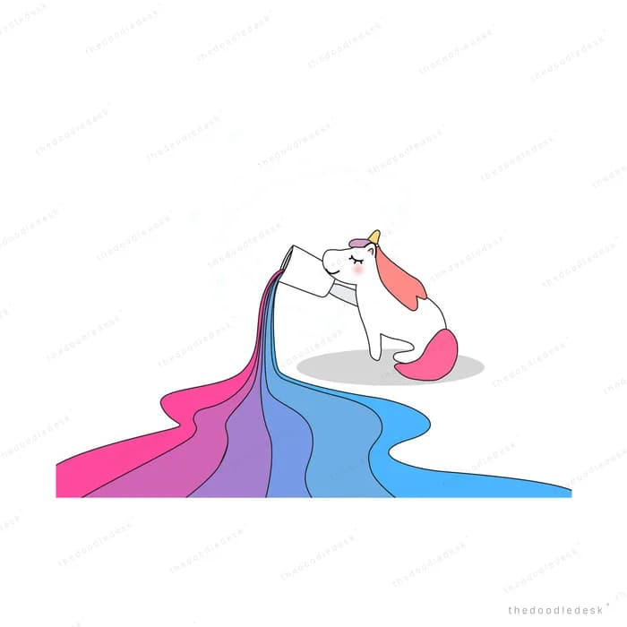 Unicorn resting with a flowing rainbow mane