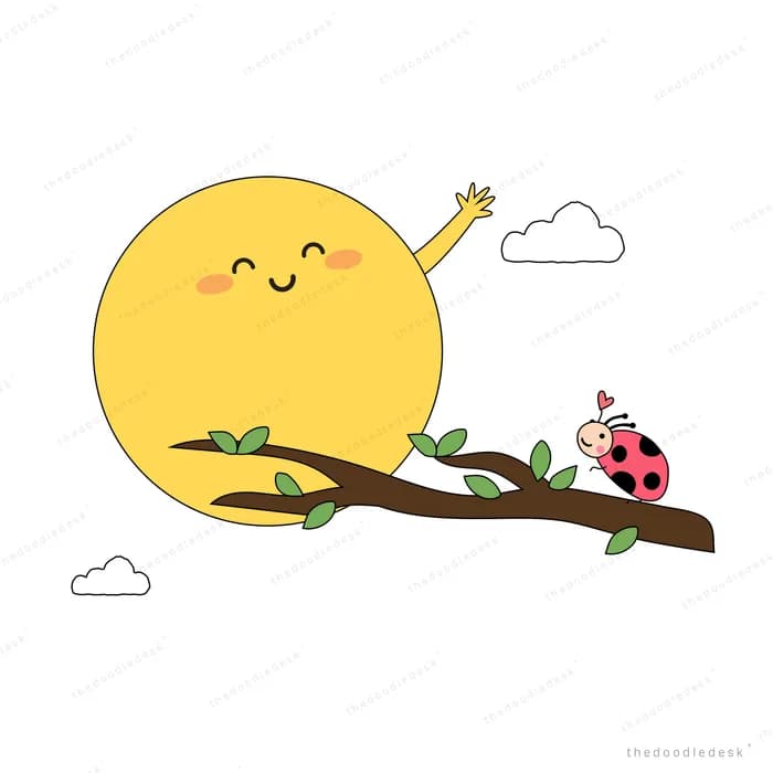 Smiling sun rising behind a branch with a ladybug