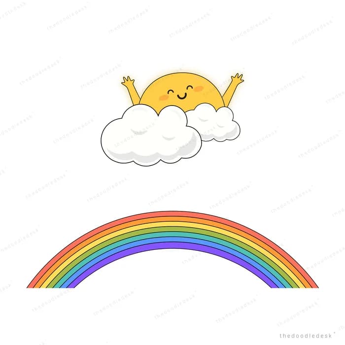 Smiling sun behind a cloud above a bright rainbow