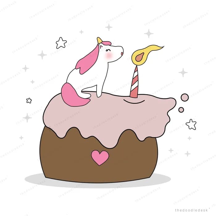 Birthday cake topped with a unicorn and candle