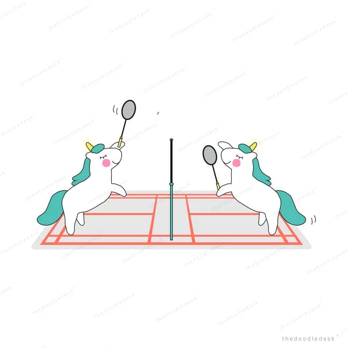 Two unicorns playing badminton over a net