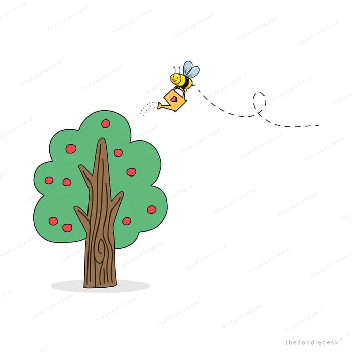 Tall green tree with a bee flying nearby