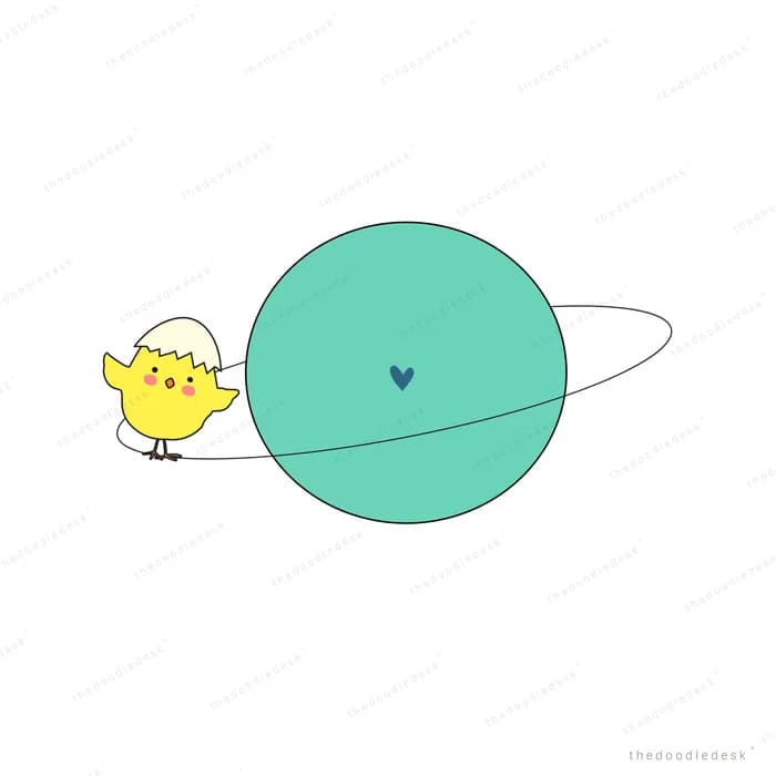 Chick flying past a teal ringed planet