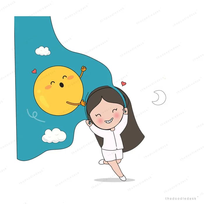 Girl reaching toward a smiling moon by a teal cliff