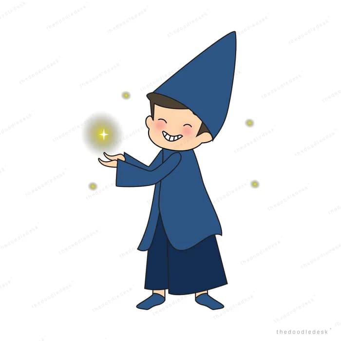Child wizard in a blue hat holding a glowing orb
