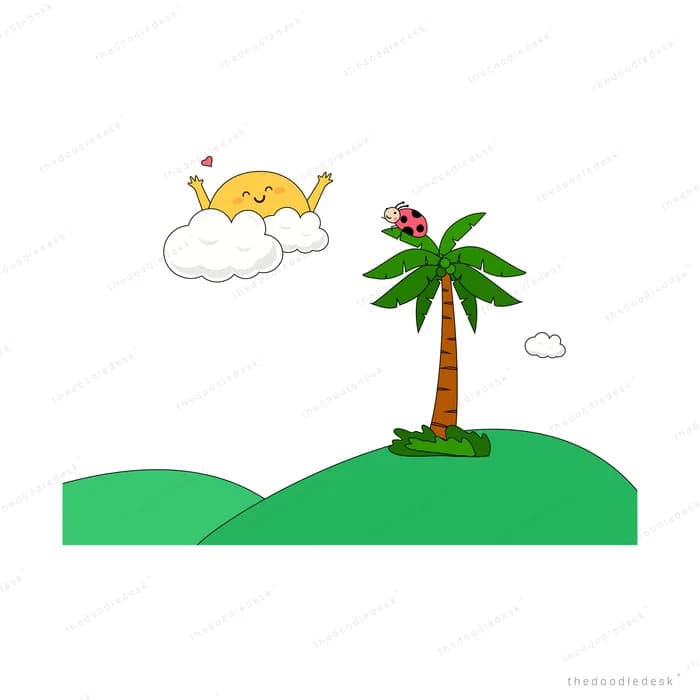 Palm tree on a green island under a smiling sun