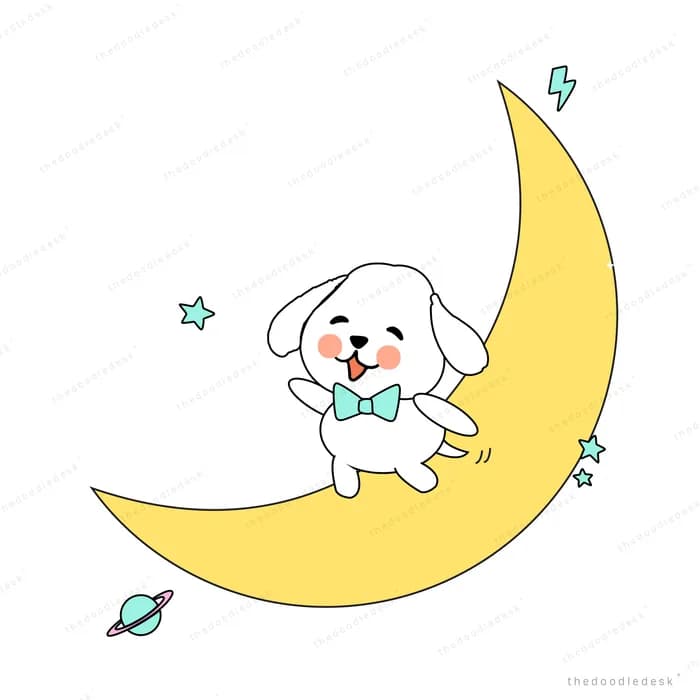 Dog resting on a large yellow crescent moon