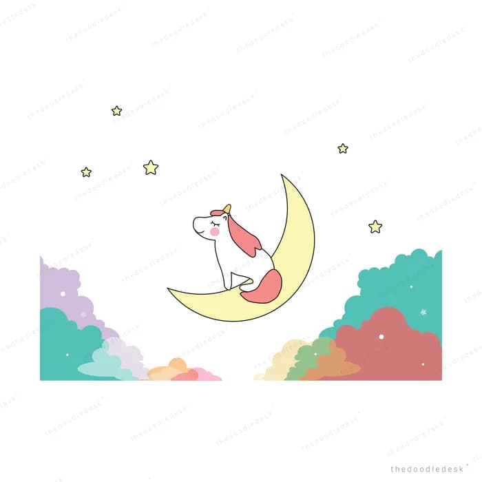 Unicorn resting on a crescent moon among pastel clouds
