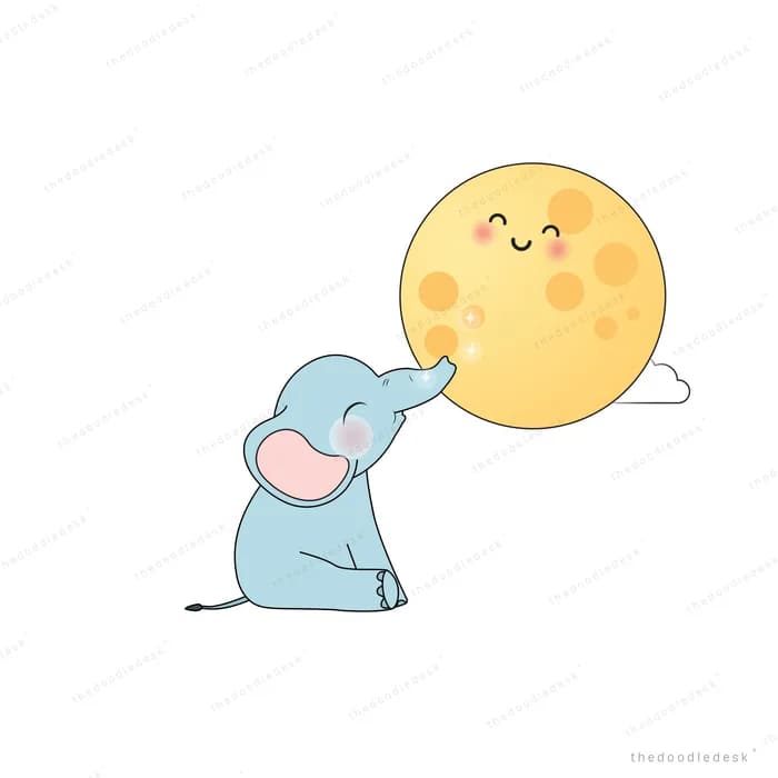 Elephant reaching toward a large smiling moon