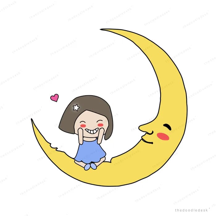 Girl sitting inside a smiling crescent moon