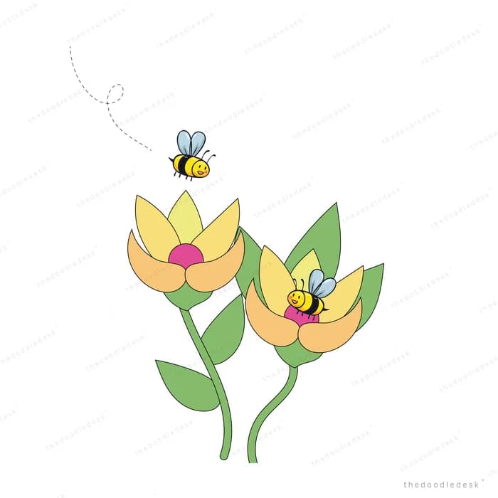 Two yellow tulips with bees hovering