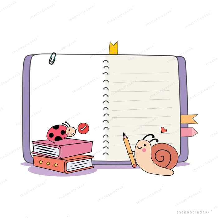 Open notebook with books and a snail