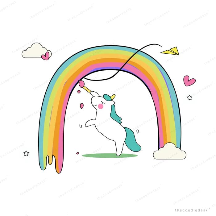 Unicorn standing under a dripping rainbow arc