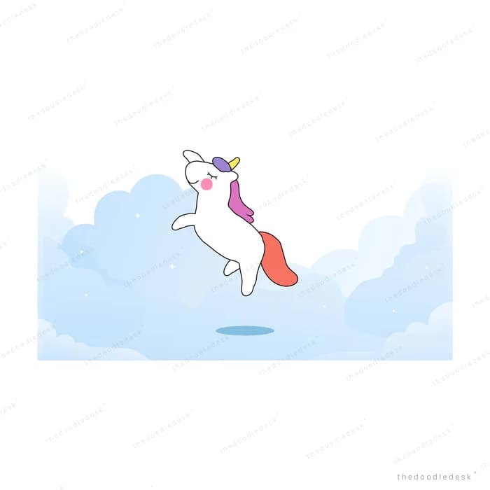 Unicorn leaping across pale blue clouds
