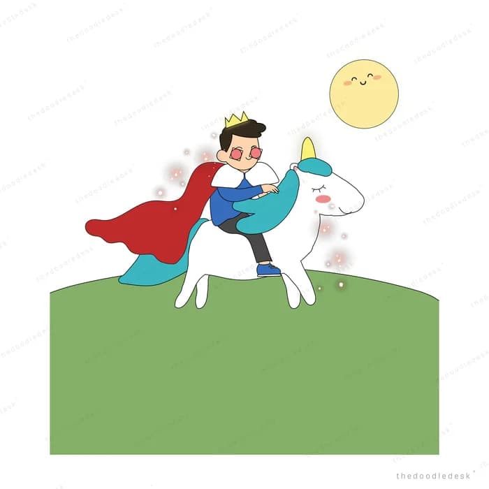 Caped boy on a unicorn facing dark orbs